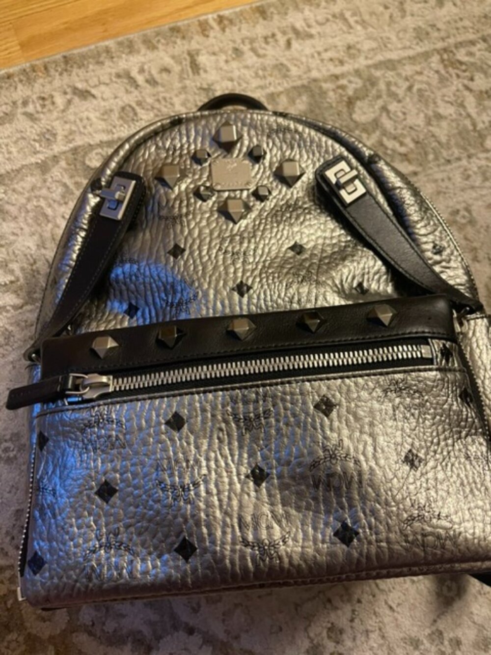 MCM Stark Backpack Silver Metallic Visetos Studded Mini Backpack